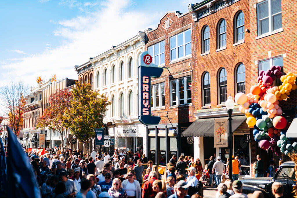 Historic downtown Franklin streetscape near Franklin Theatre