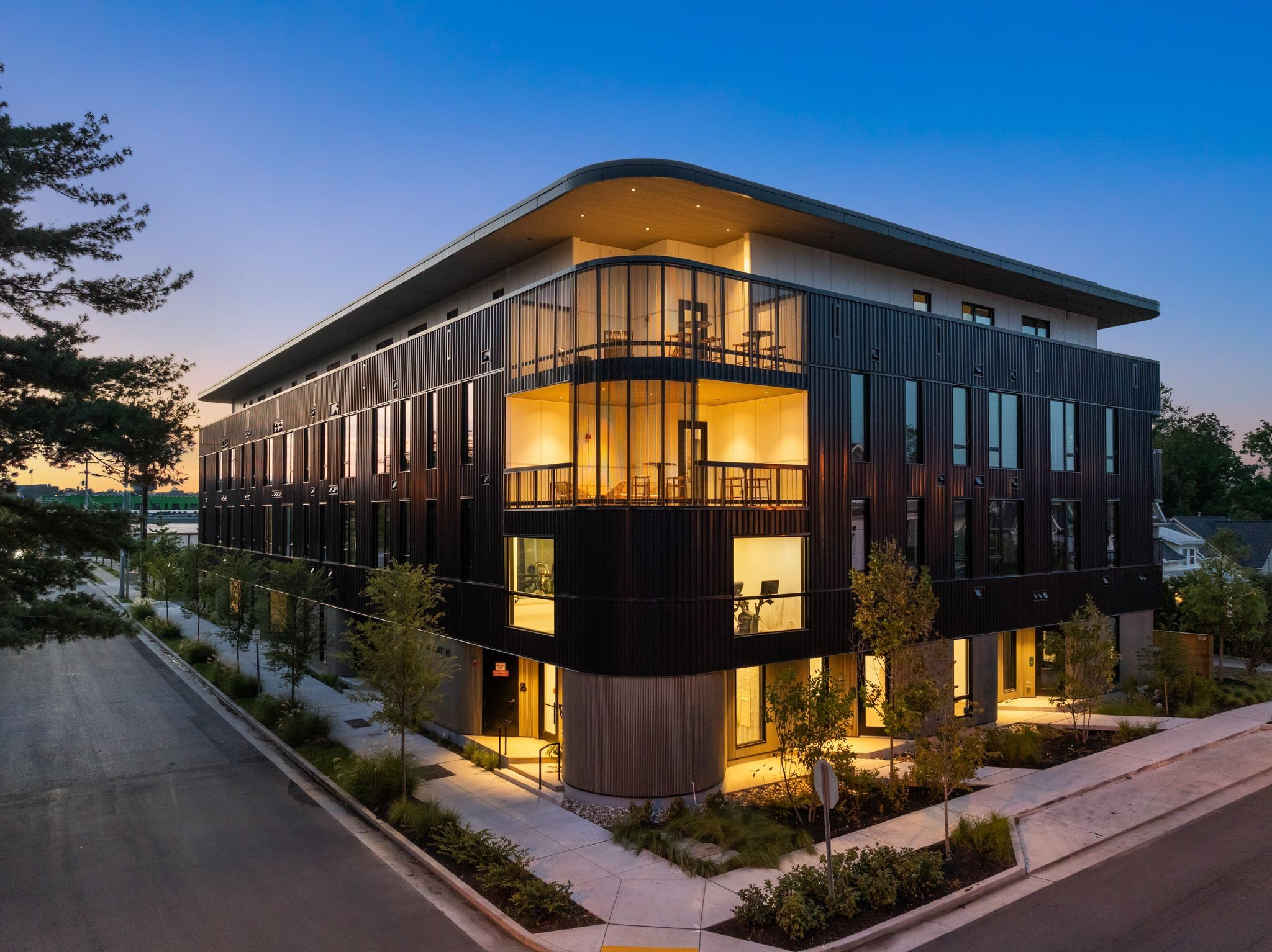 Exterior of the Wedgewood-Houston Studio building at dusk
